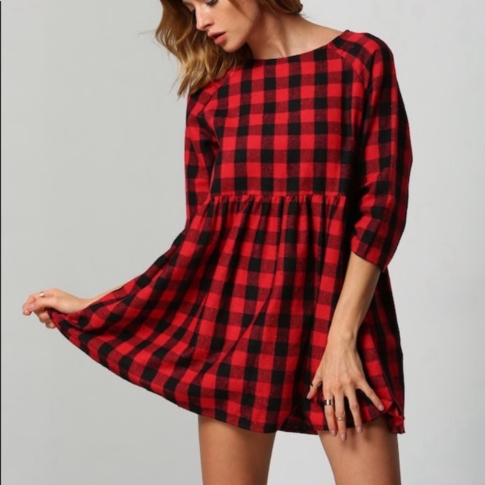 shein buffalo plaid red and black dress